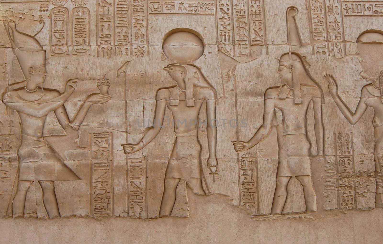 Carving of gods on wall in Kom Ombo temple, Egypt
