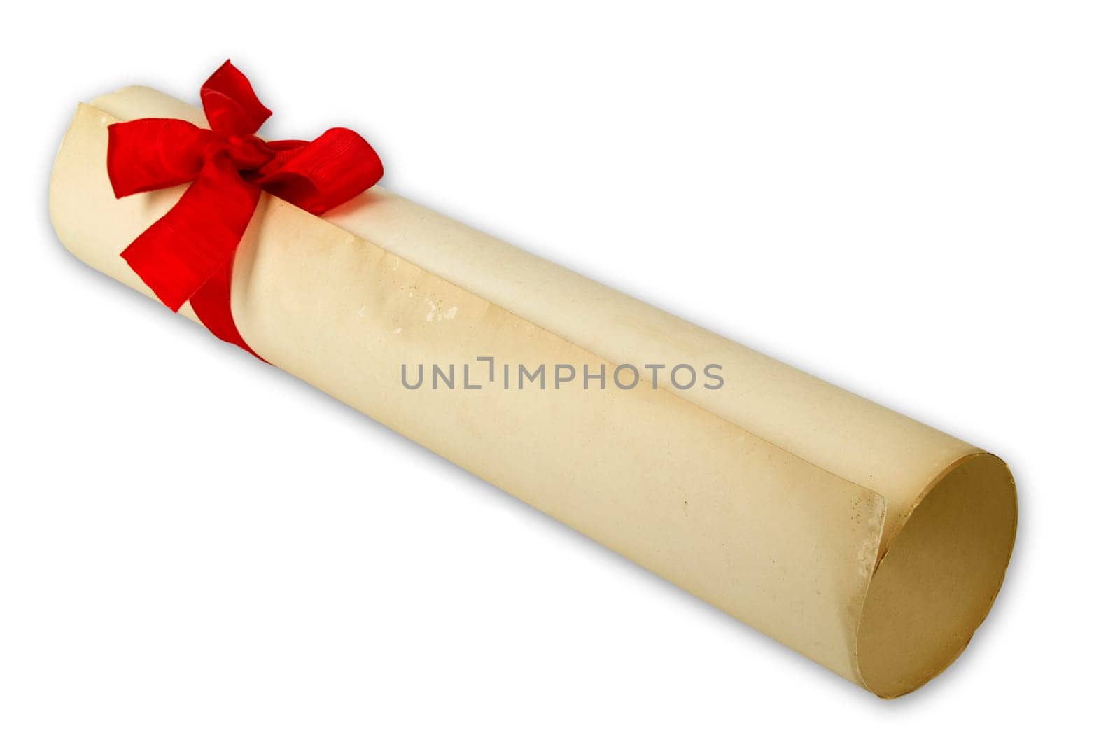 Rolled paper document with red gift ribbon cropped on white background
