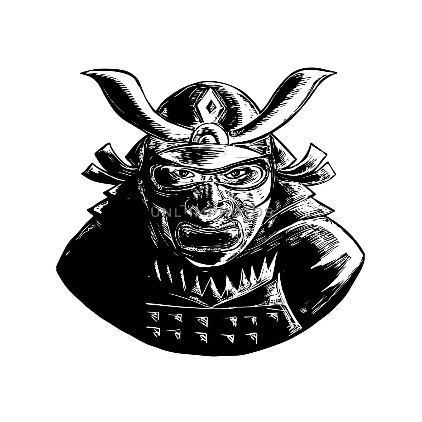 Retro woodcut style illustration of a Samurai Warrior Wearing facial armor mask called Mempo and top heavy kabuto helmet front view on isolated background.