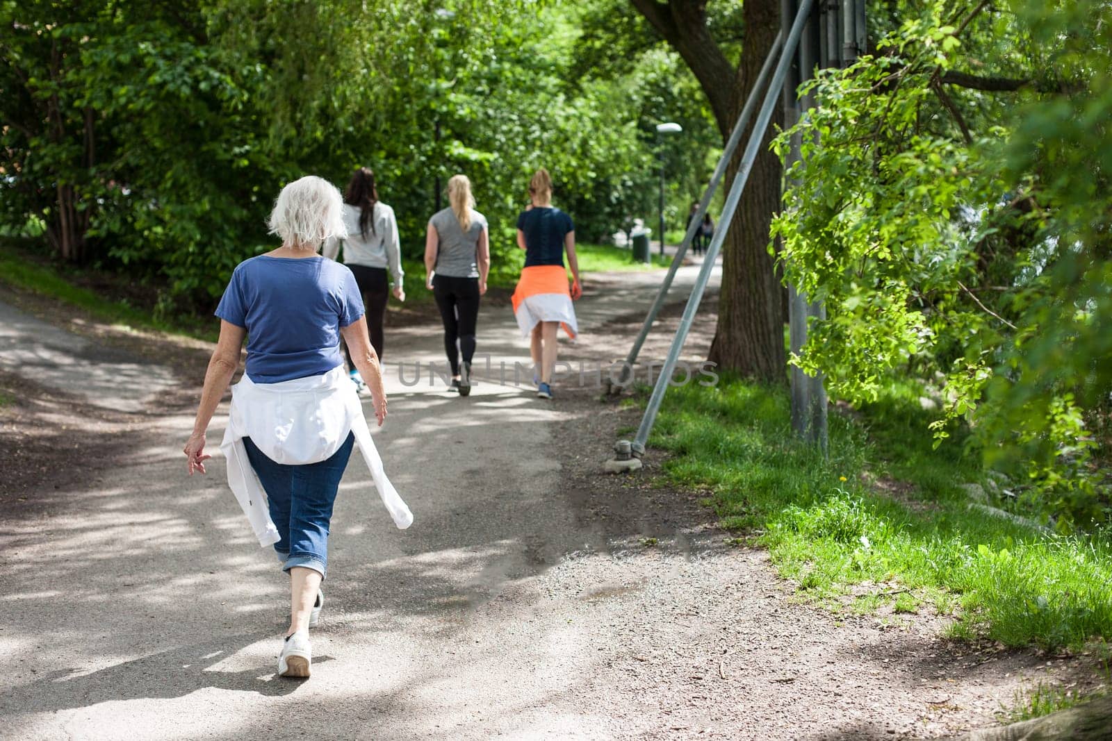 Powerful happy elderly people are walking, running early in the park Stockholm, Sweden