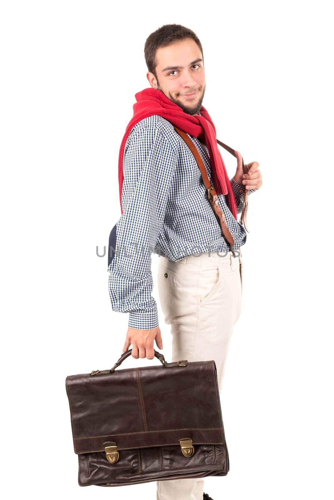 Young nerd posing with case isolated in a white background