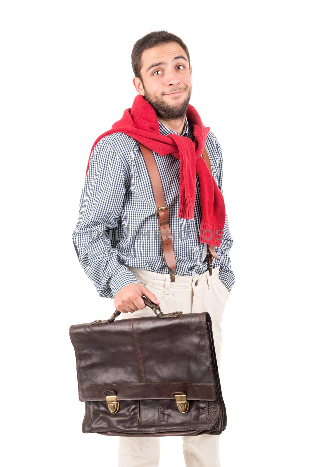 Young nerd posing with case isolated in a white background