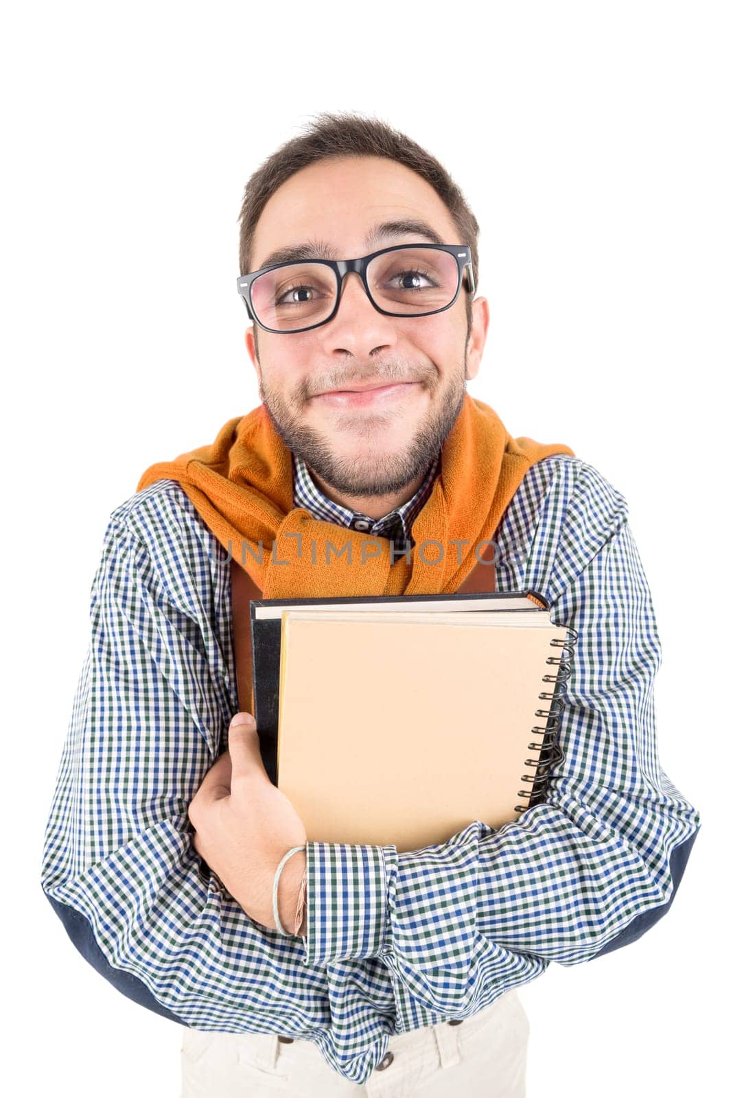 Young nerd student posing with books isolated in a white background