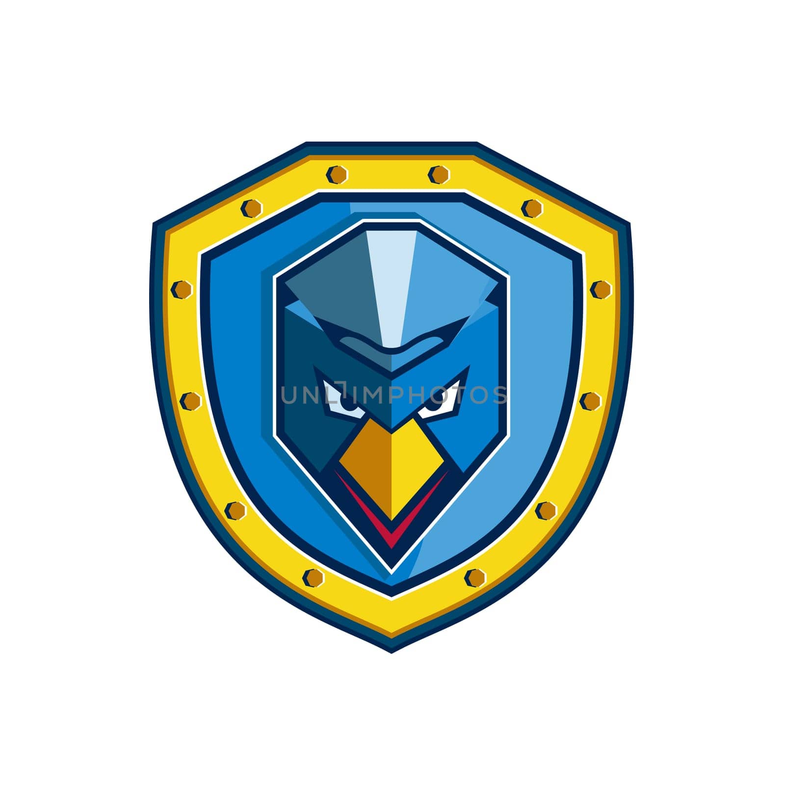 Icon style illustration of a Blue Chicken with Mohawk set inside crest Shield on isolated background.