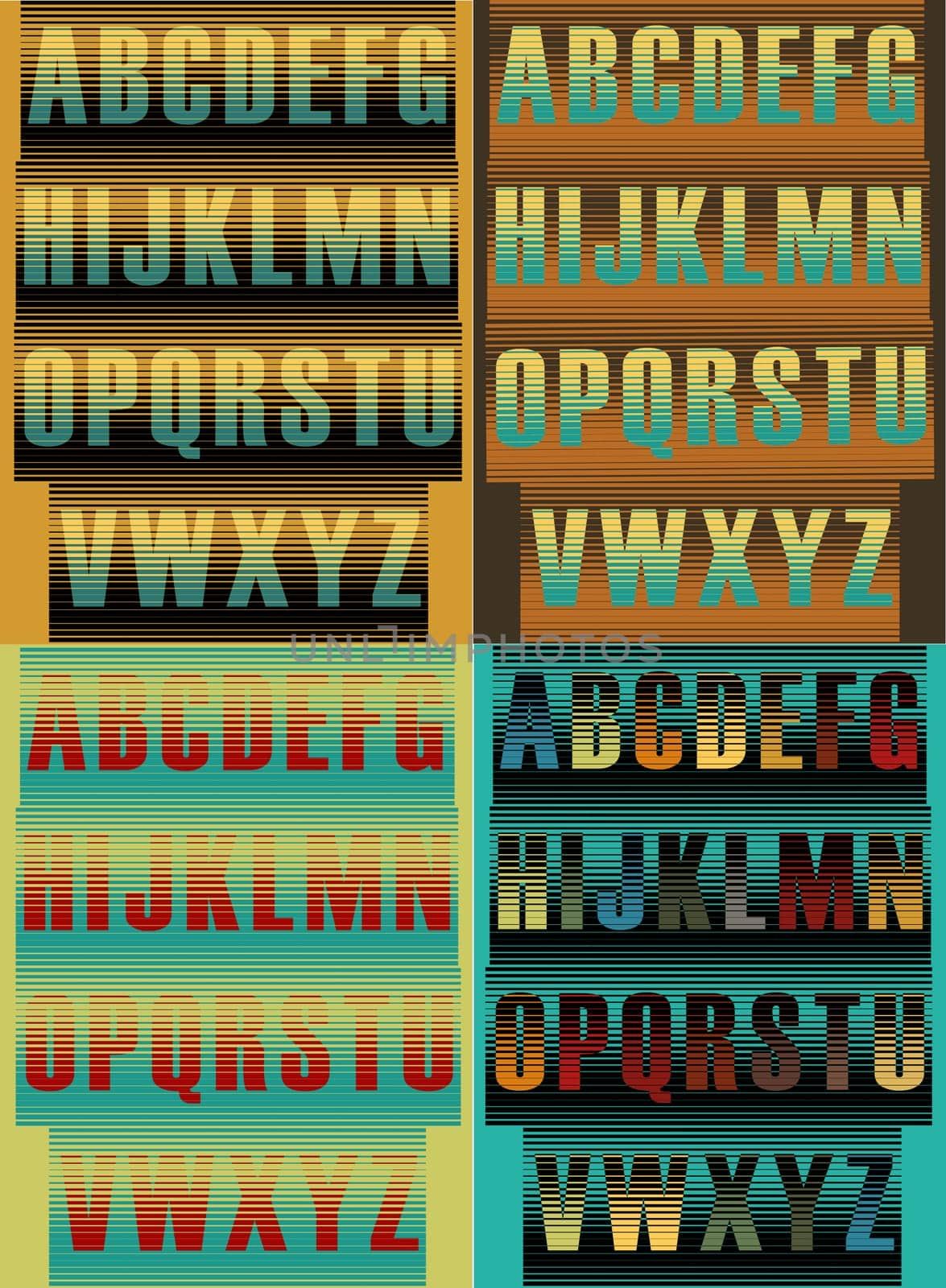 Striped artistic alphabets. Unusual fonts. Striped background. illustration