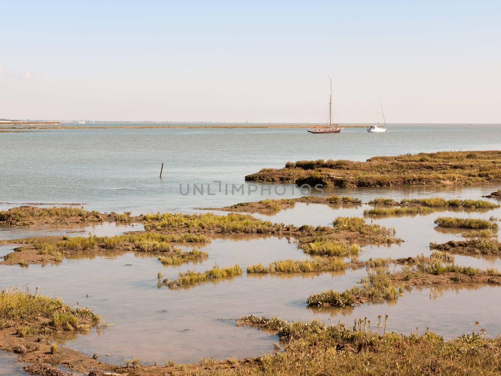 marshland coastal scene essex tollesbury estuary boats in river sea  essex  england  UK
