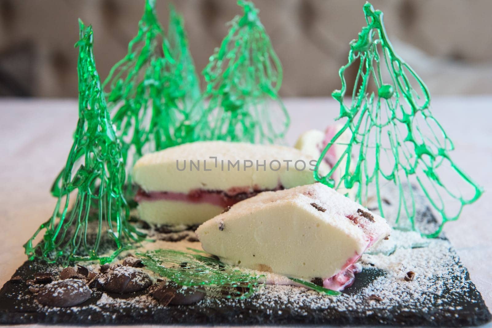 New year ice cream with caramel green christmas tree
