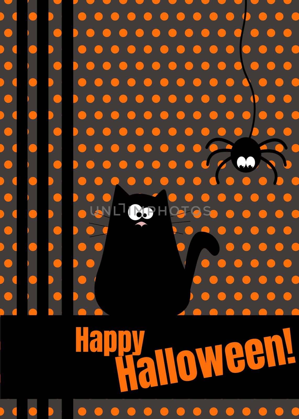 Happy Halloween greeting card with hanging on dash line web spider insect and black funny cat. Cute cartoon character. Flat vector design Orange polka dot background.