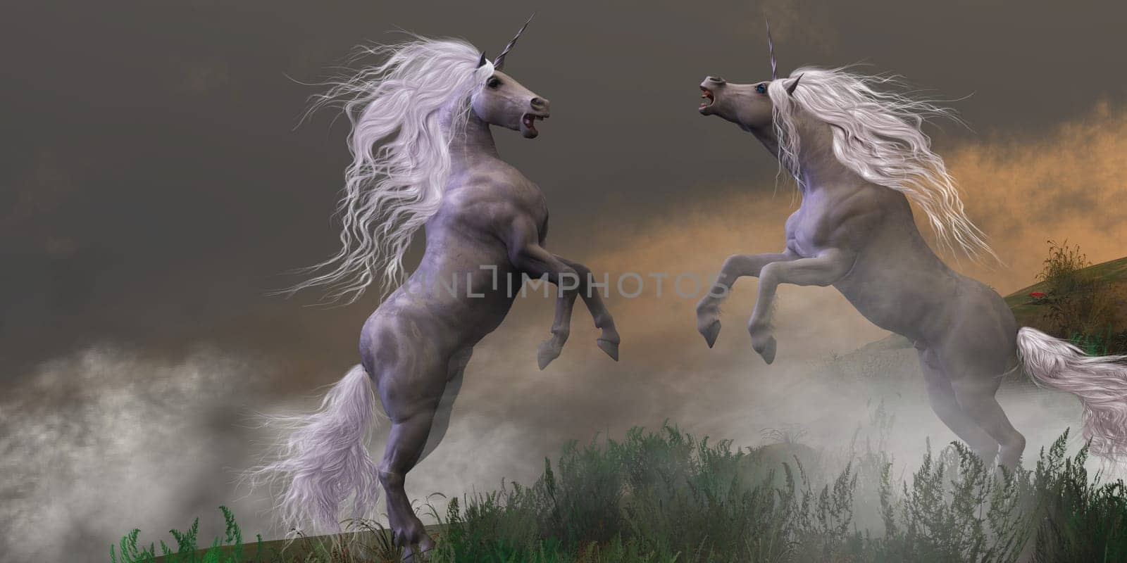 Lost in mountain foggy mist two unicorn bucks fight for dominance.