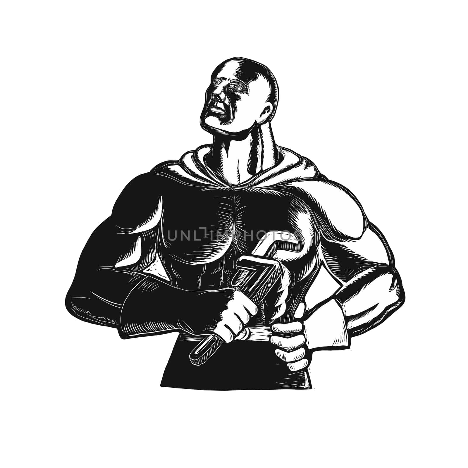Retro woodcut style illustration of Superhero Plumber looking up holding monkey Wrench or gas grip  done in black and white on isolated background.