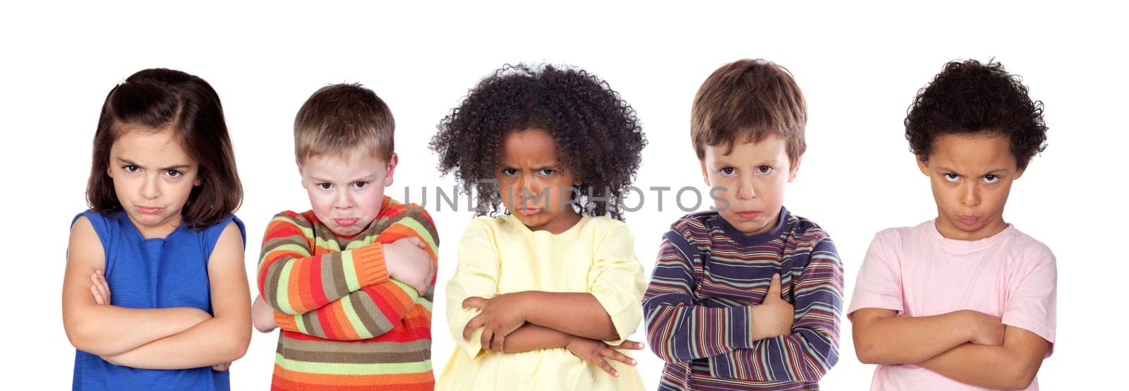 Five angry children isolated on a white background