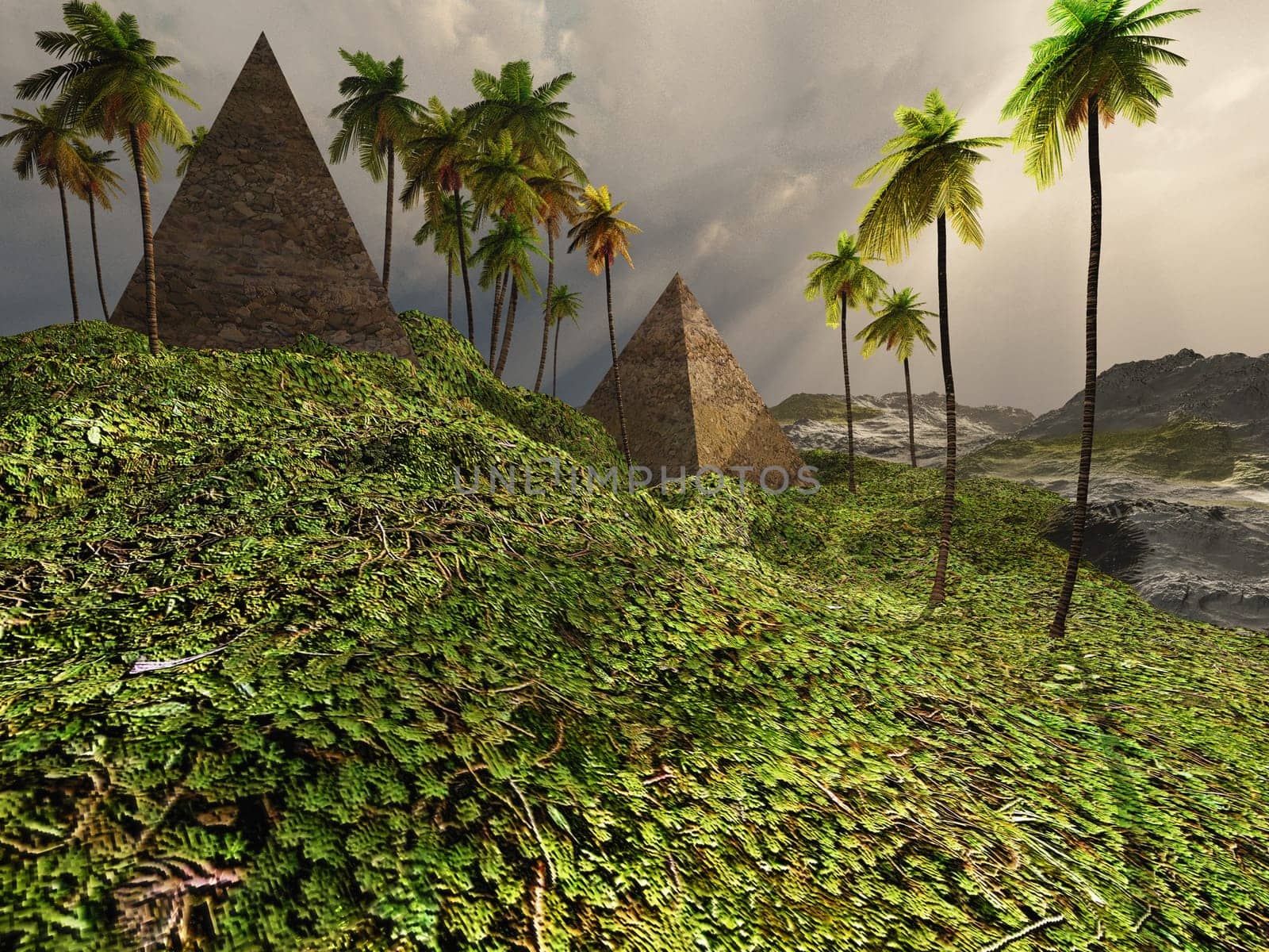 Two pyramids sit among jungle plants and may be from the Mayan culture.