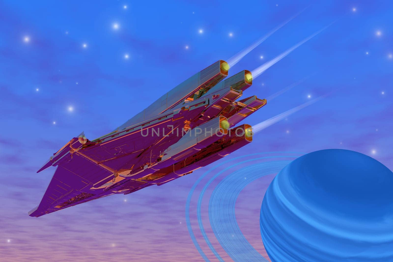 A viper spaceship passes a ringed planet on its journey through the cosmos.
