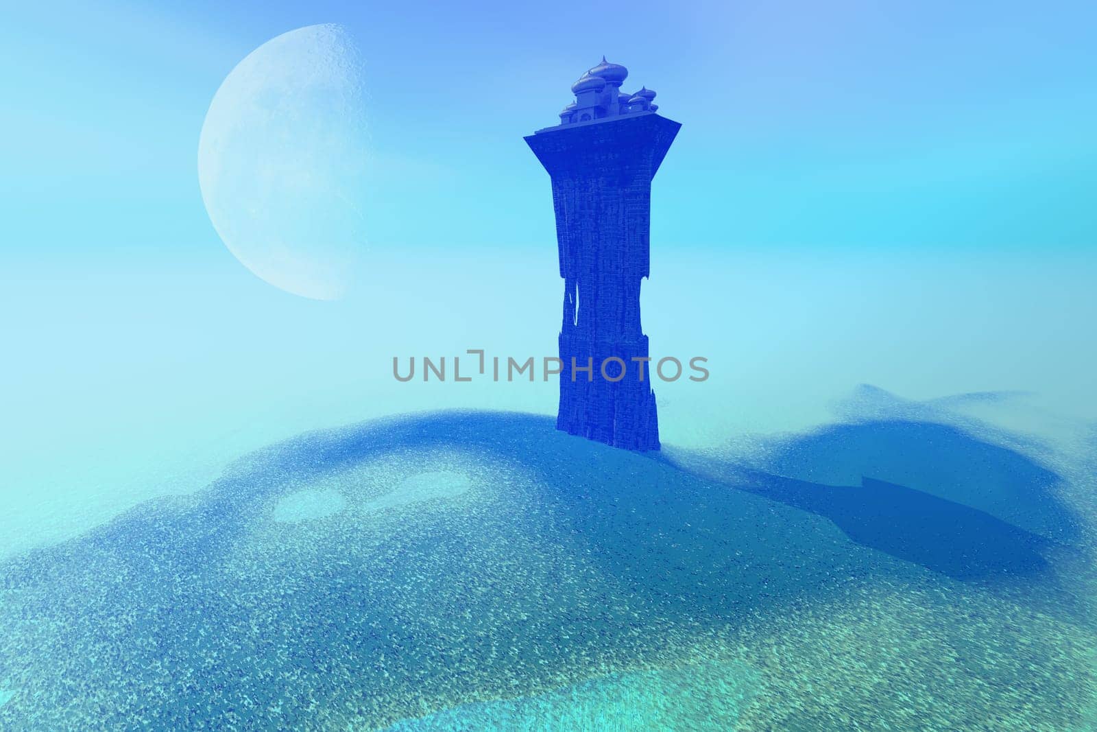 A fantasy image of a palace built on a high towering structure.