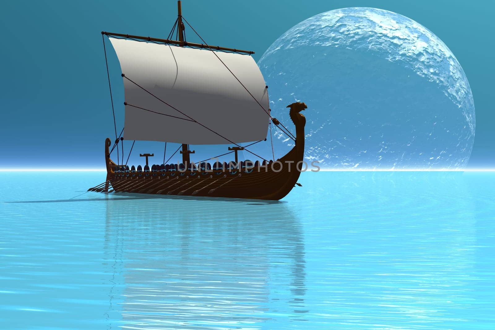 A viking Ship sails on a glistening sea on a night of the full moon.