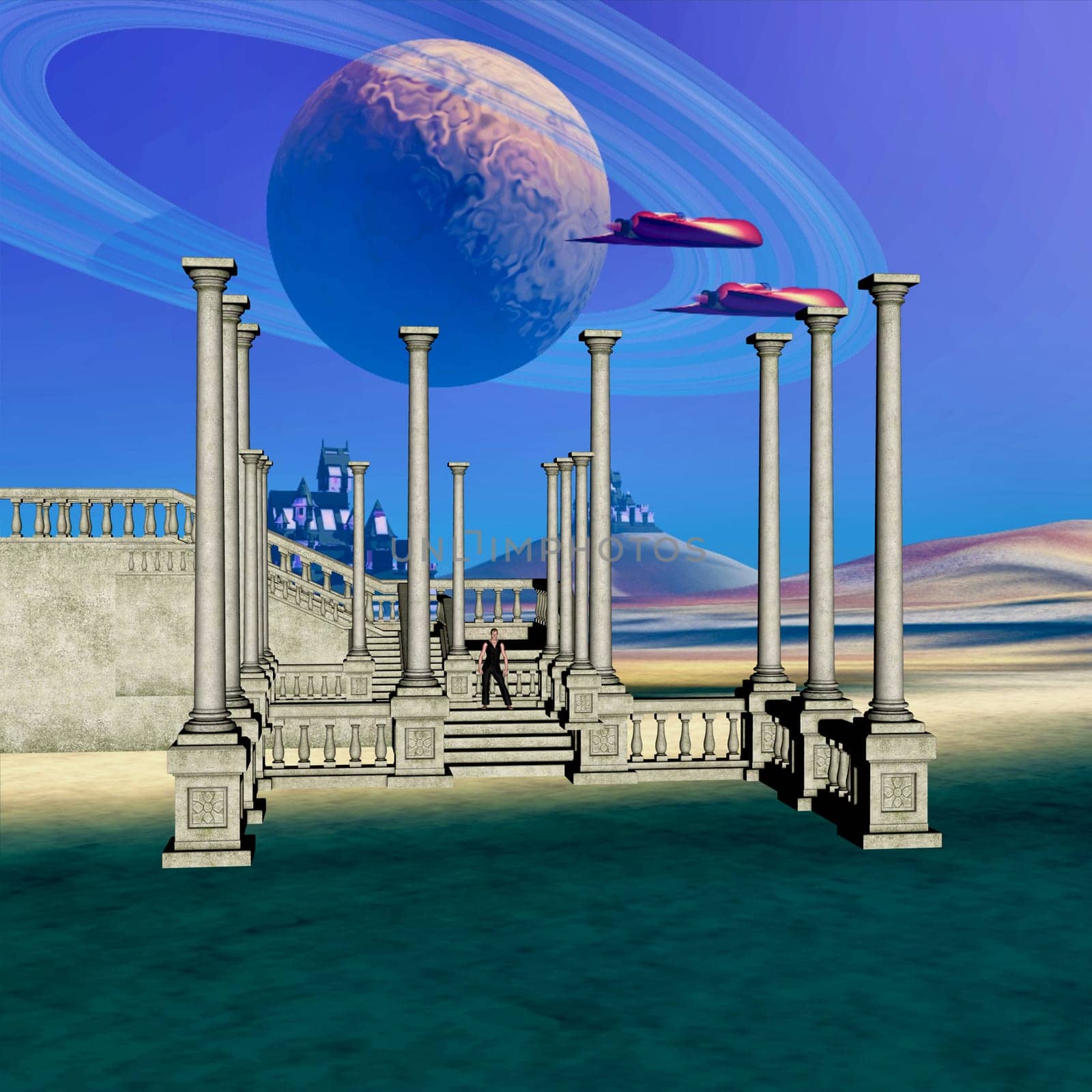 Jey airplanes fly over castle steps on a planet with a ringed moon in its sky.