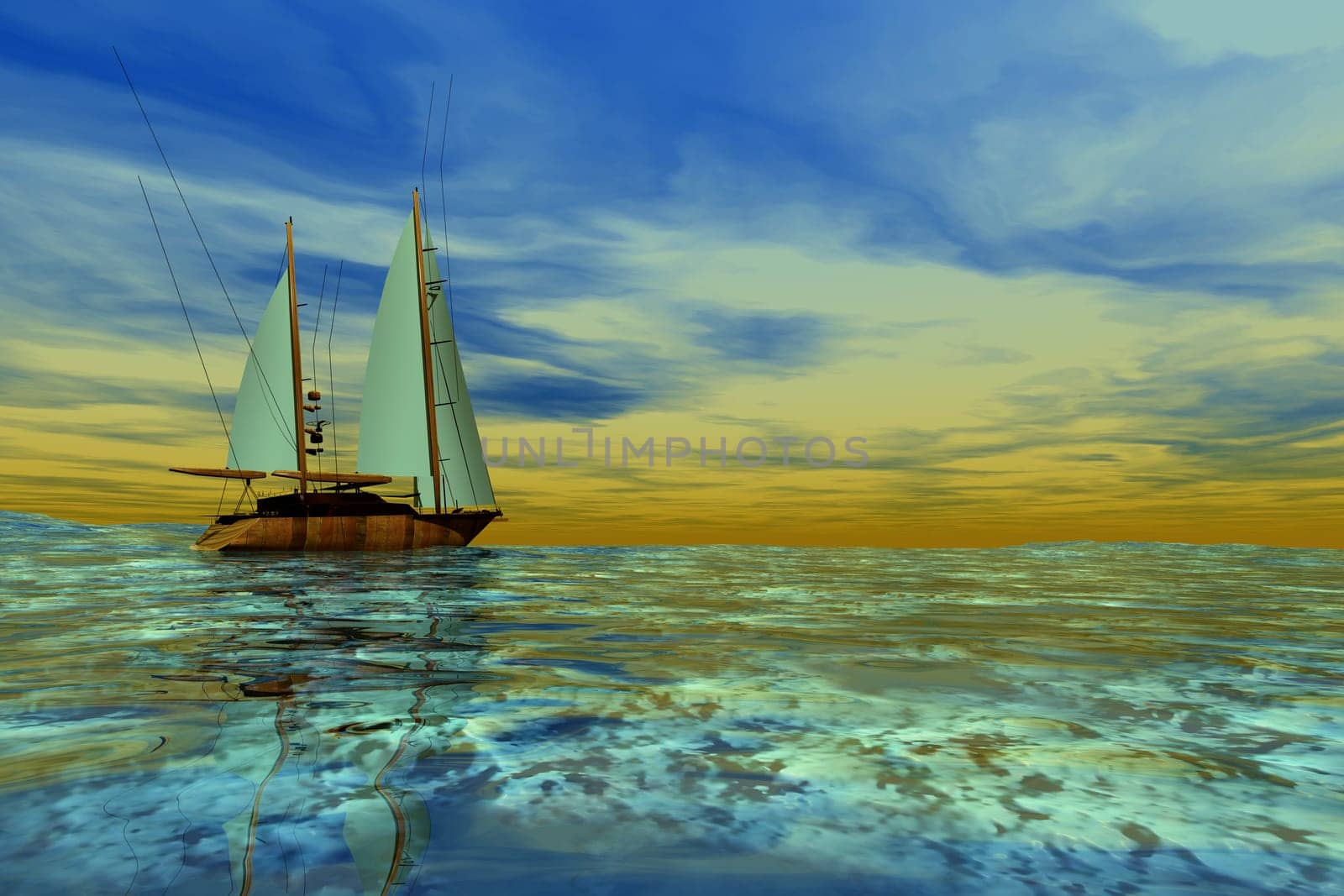 Sailors take their boat on the ocean as sunset turns the sky a golden color.