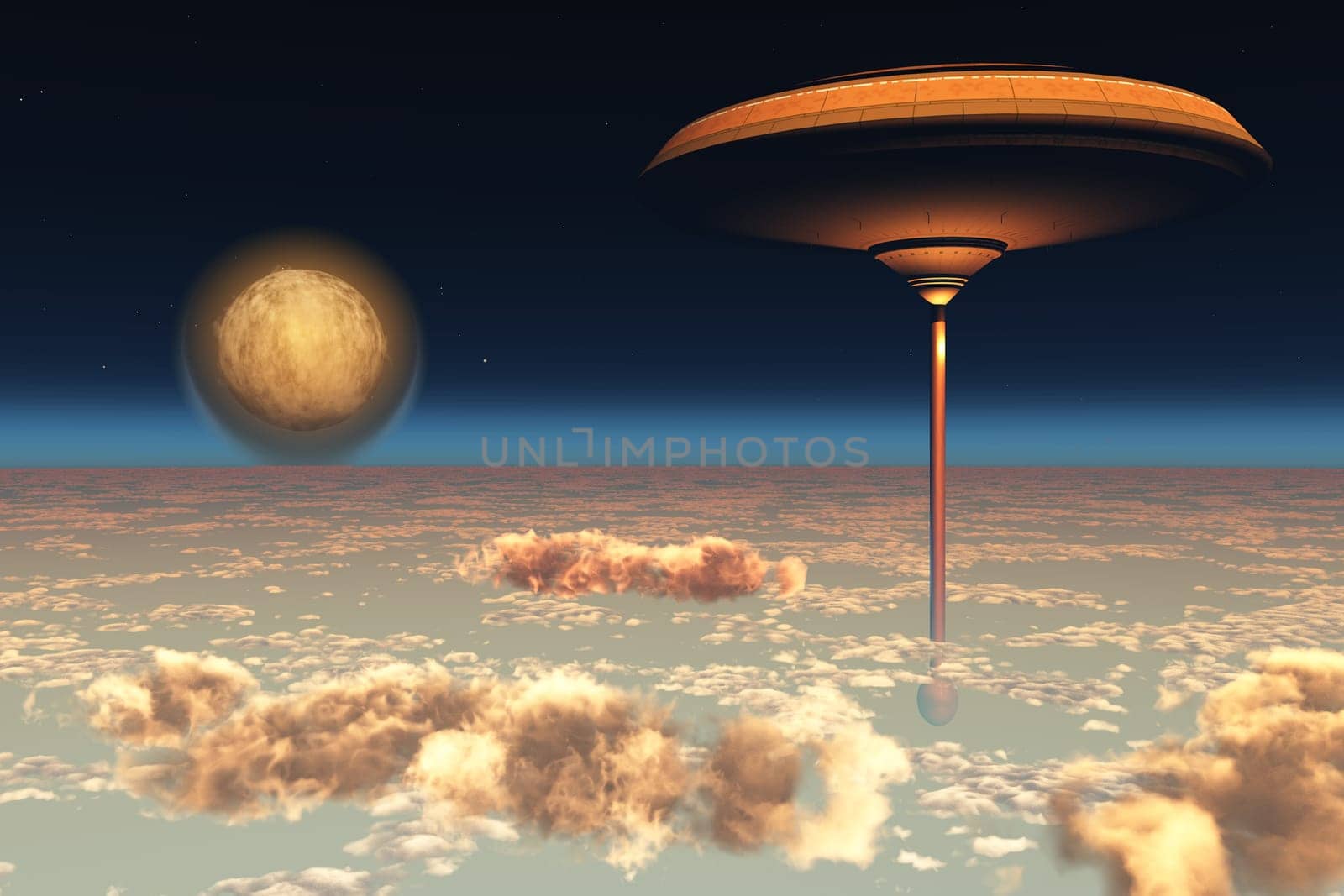 A future city in the atmospheric clouds orbiting the Earth.