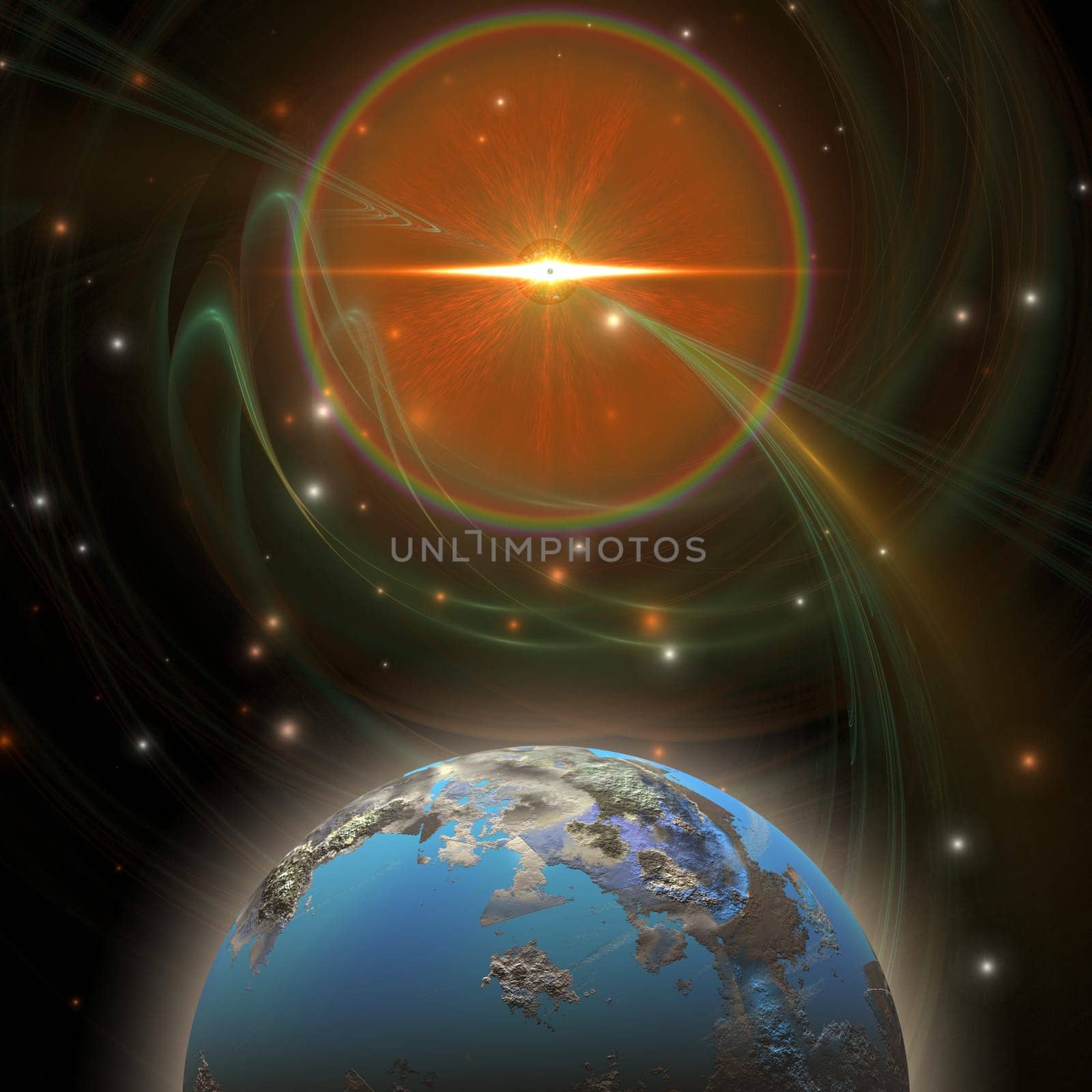 A huge sun emits solar rays which envelope a nearby planet.