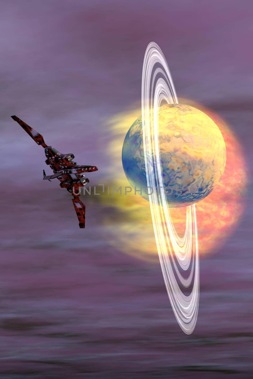 A starship watches as solar winds emitted by a nearby sun hits a planet out in the cosmos.
