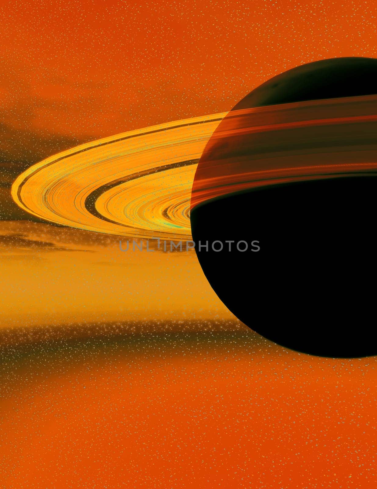 A closeup view of the planet of Saturn and its orbiting ring system.