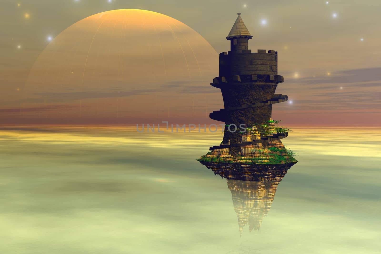 A castle floats in the air in this fairytale land.
