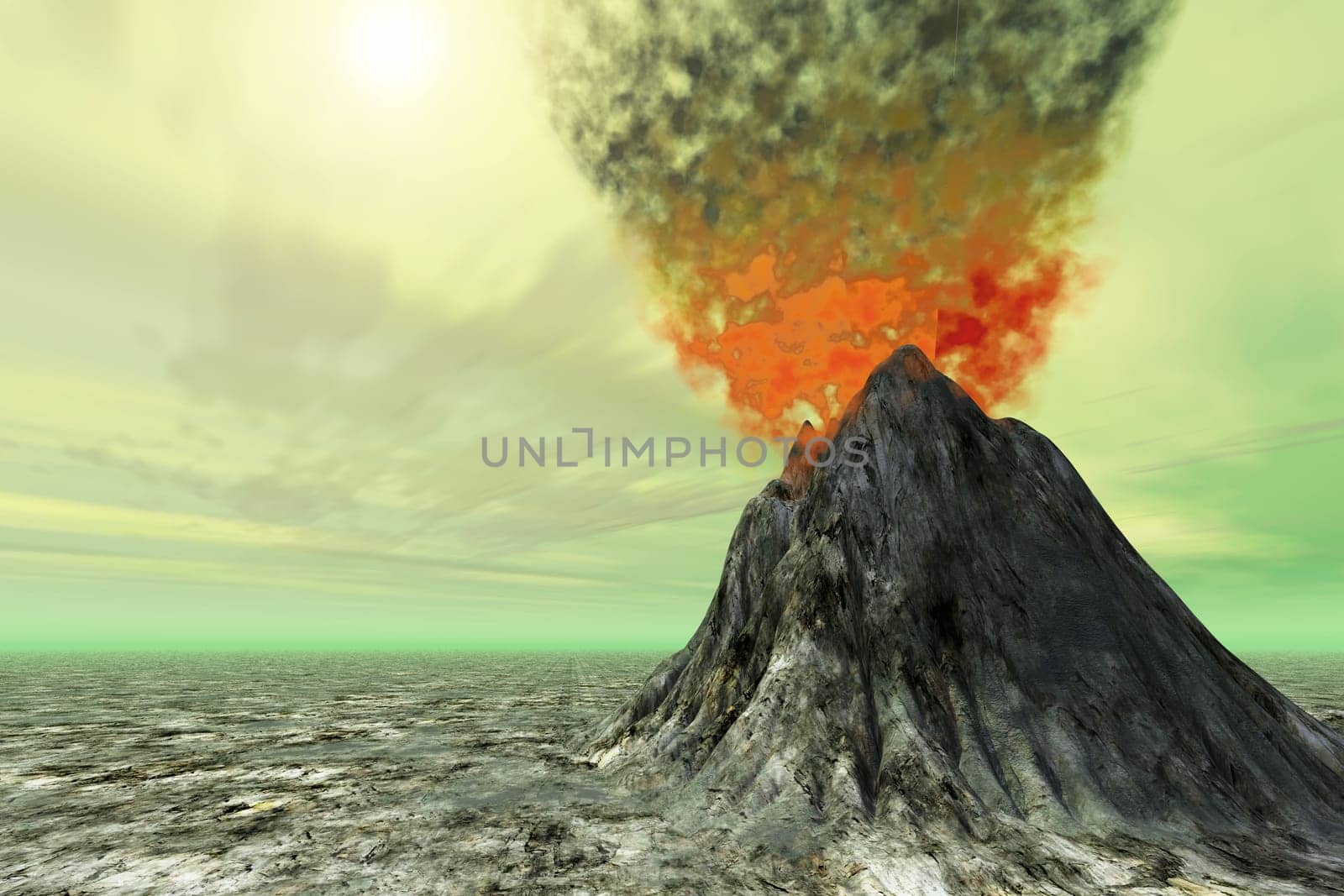 A volcano emits billowing smoke and fills the air with a heavy sulfur smell.