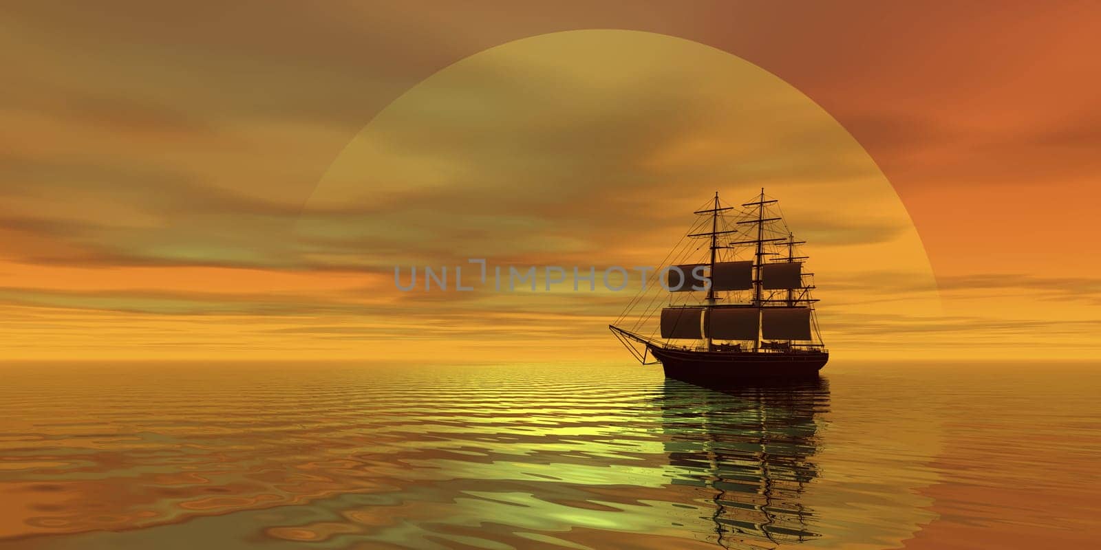 A tall ship sails on the ocean at sunset.