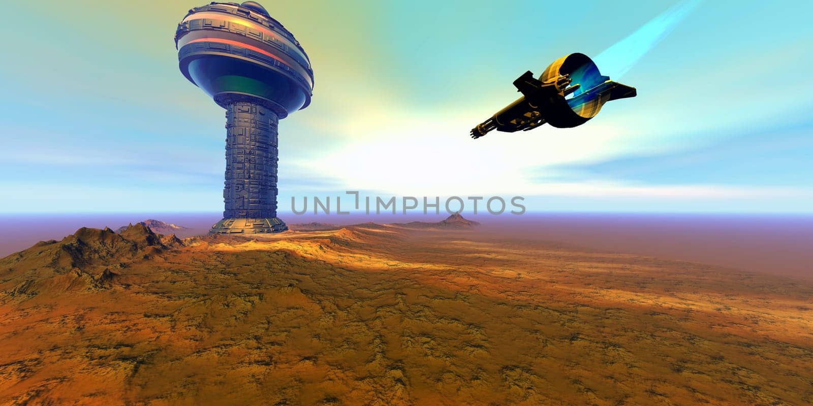 A spaceship comes in for a landing near a modern building on an alien planet.
