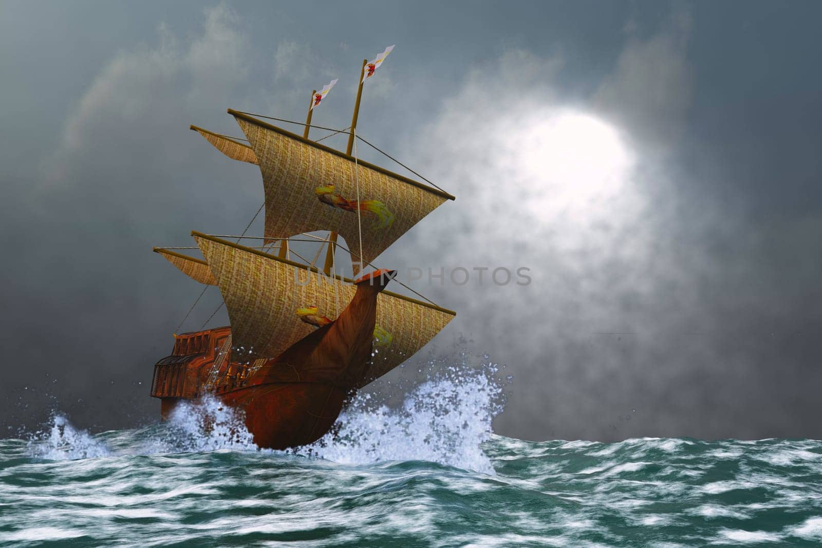 A galleon called The Eagle sails on rough seas on a stormy evening.