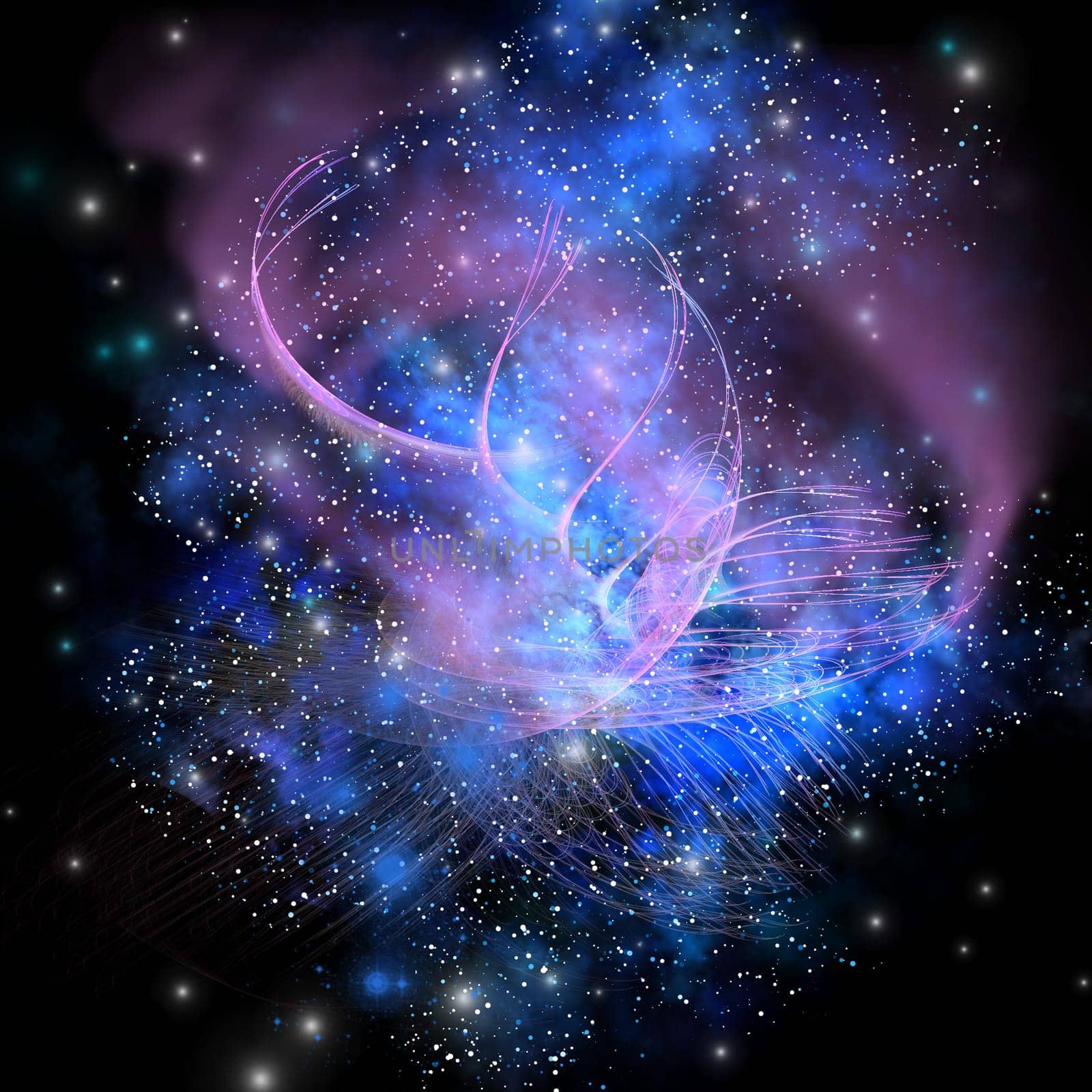 A formation in space of a cluster of stars and filaments in the shape of a fountain.