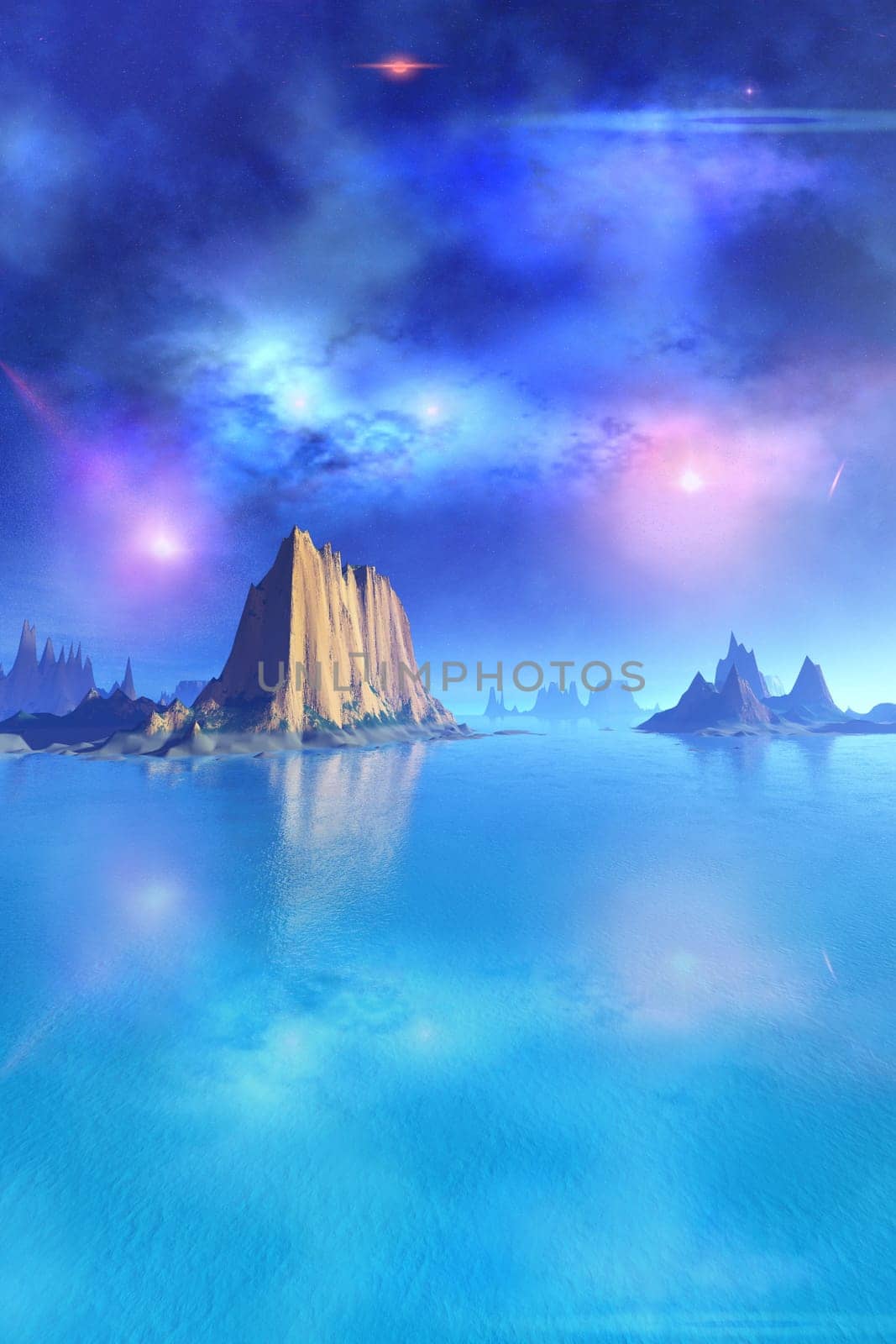 Stars and two shooting meteors light up the night of this seascape.