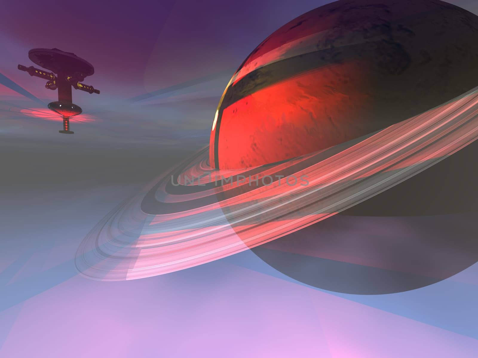 A red planet with many planetary rings has a spaceport in orbit around it.