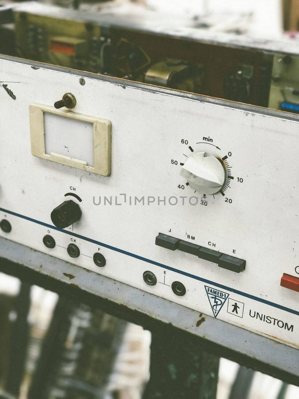 Krakow, Poland - July 26, 2017 : Old retro unnecessary faulty Specialist Medical Equipment UNISTOM G90 Famed Lodz