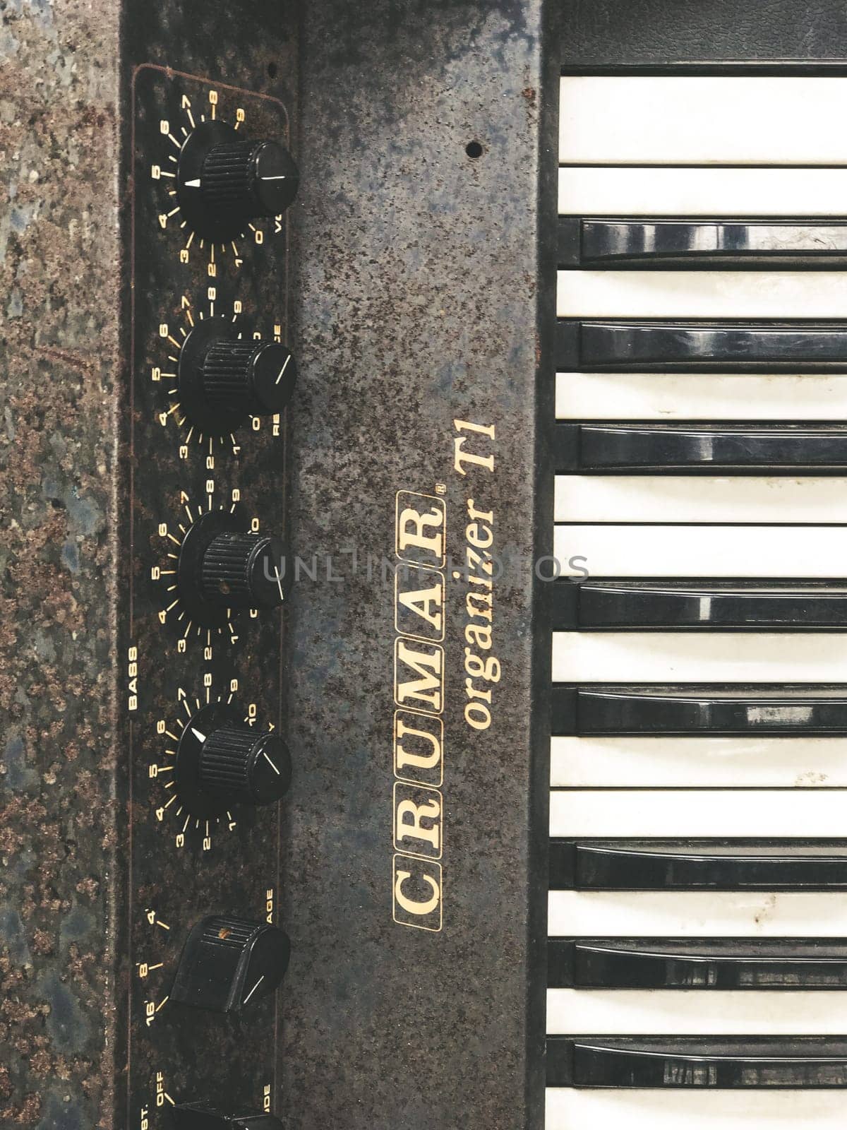 Poland, Krakow - July 26, 2017 : Crumar organoser T1 keyboard. Old retro musical synthesizer, equipment. Installation Krakow Poland