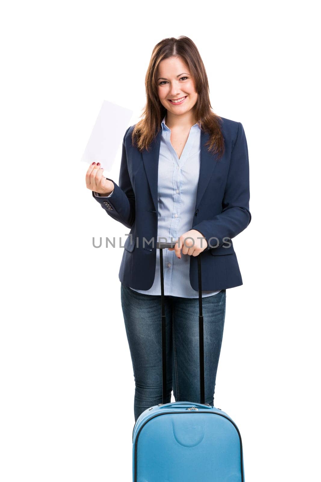Business woman carrying a suitcase, isolated over white background