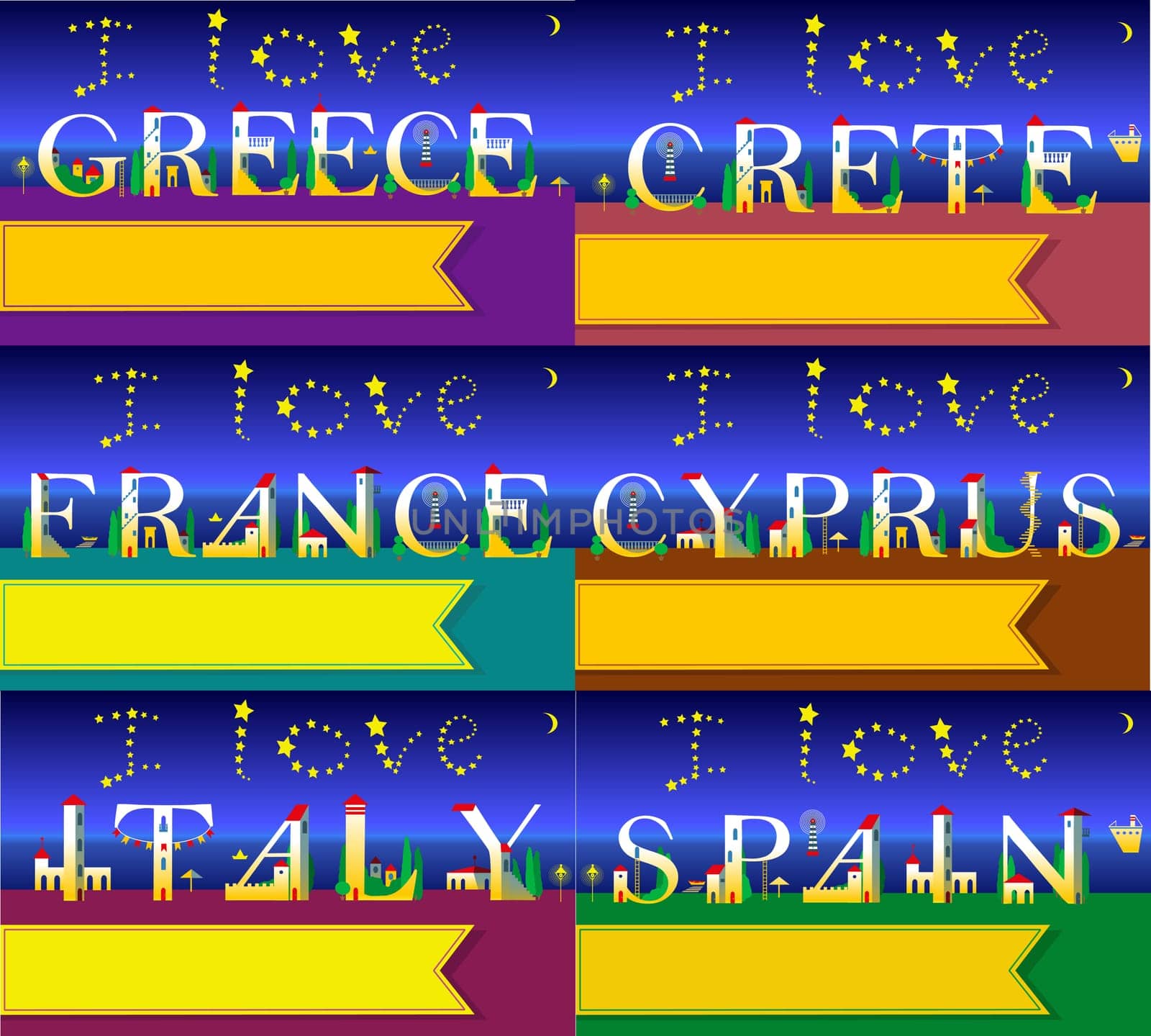 Travel cards. Artistic font. Summer night beach. I love Italy. . Greece. Spain. France. Crete. Cyprus. Cute white houses on the night coast. Stars in the sky. Banners for custom text. Illustration