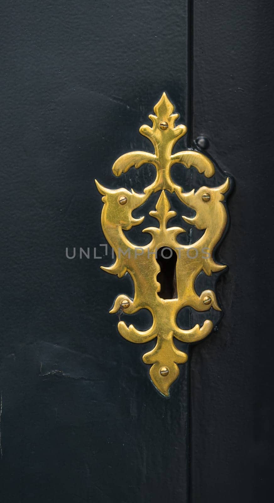 brass keyhole in a dark wooden door