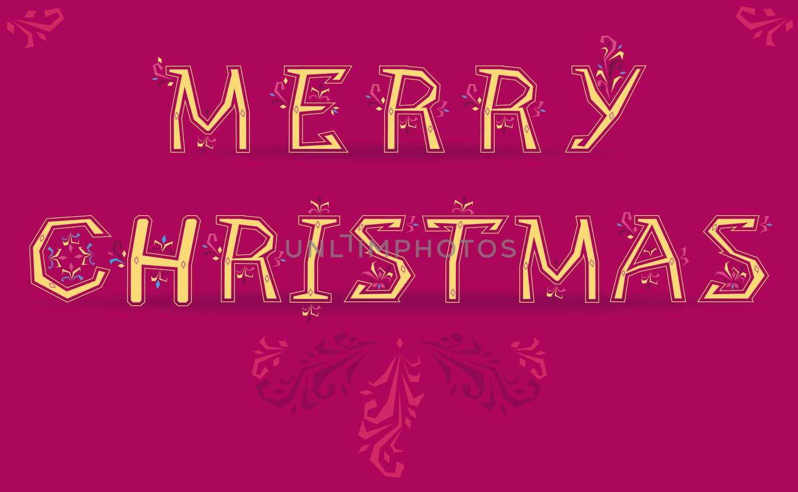 Merry Christmas inscription by yellow artistic font. Country yellow letters with floral decor. Christmas greeting card