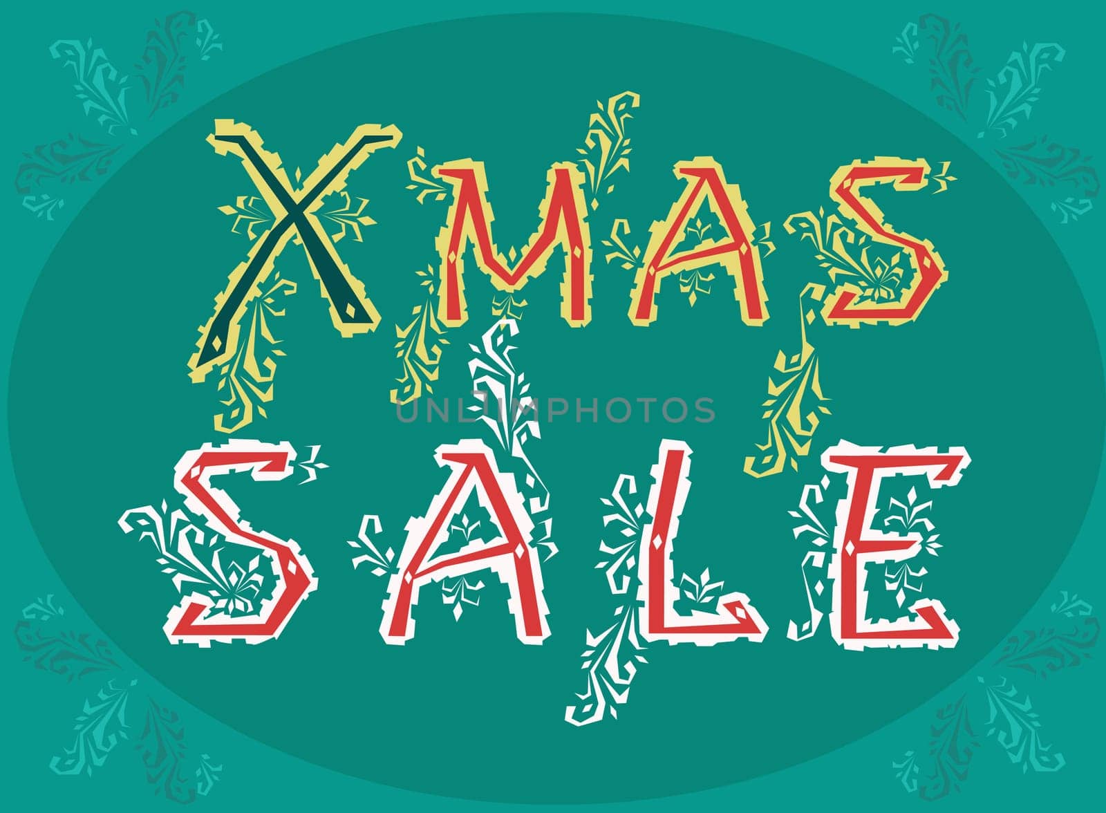 Inscription Xmas sale by artistic country font. Card for retail with ornamental elements.