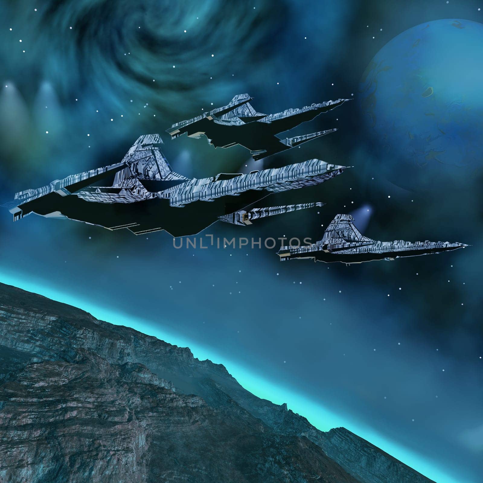 Three spaceships come to an alien planet with a moon for a visit.