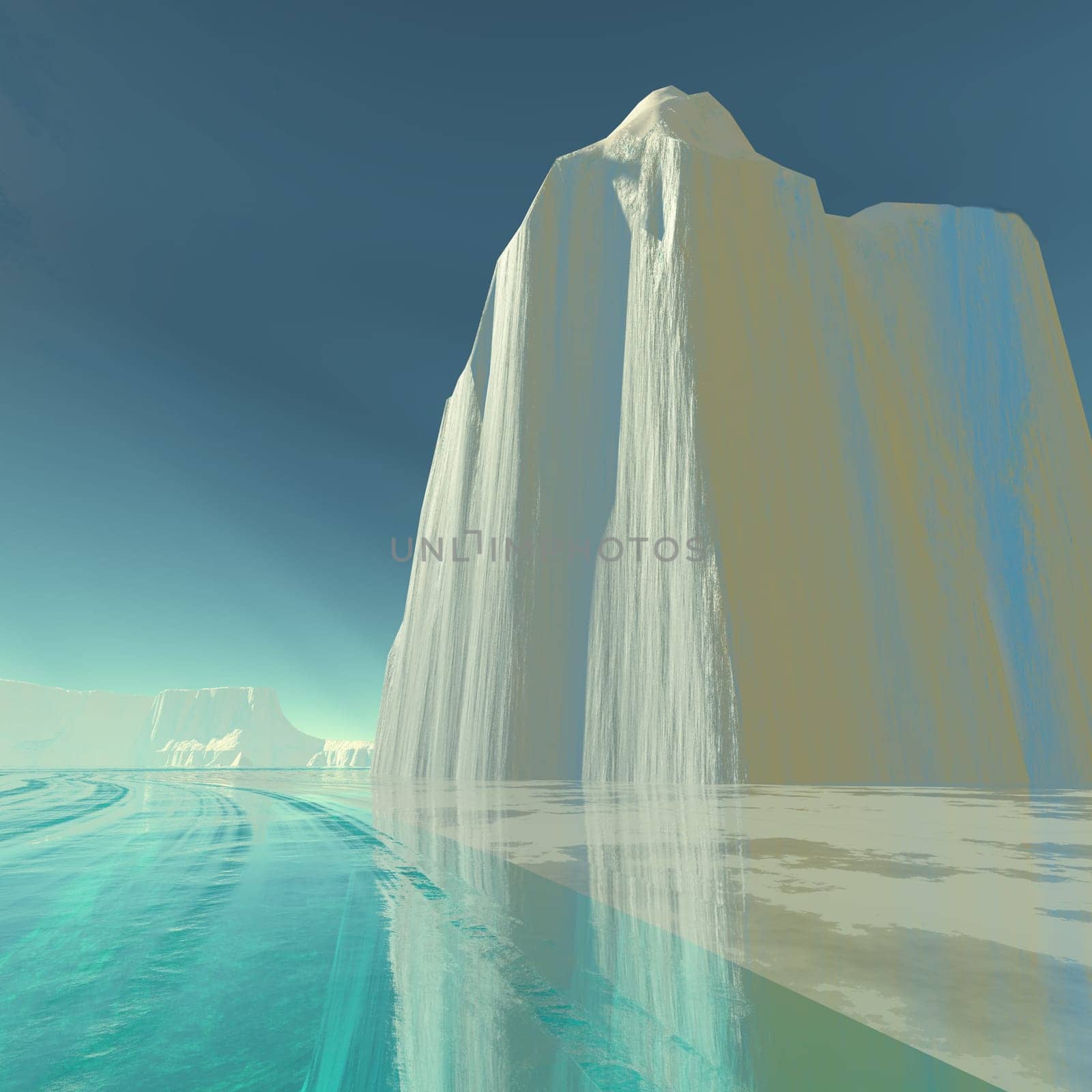 A huge iceberg is trapped in clear ice in the northern Arctic Ocean.