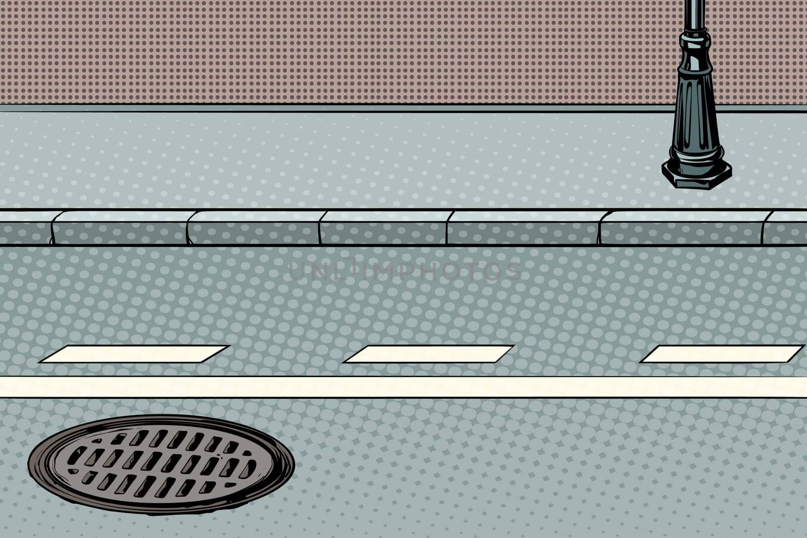 City street with sidewalk and manhole. Pop art retro vector illustration