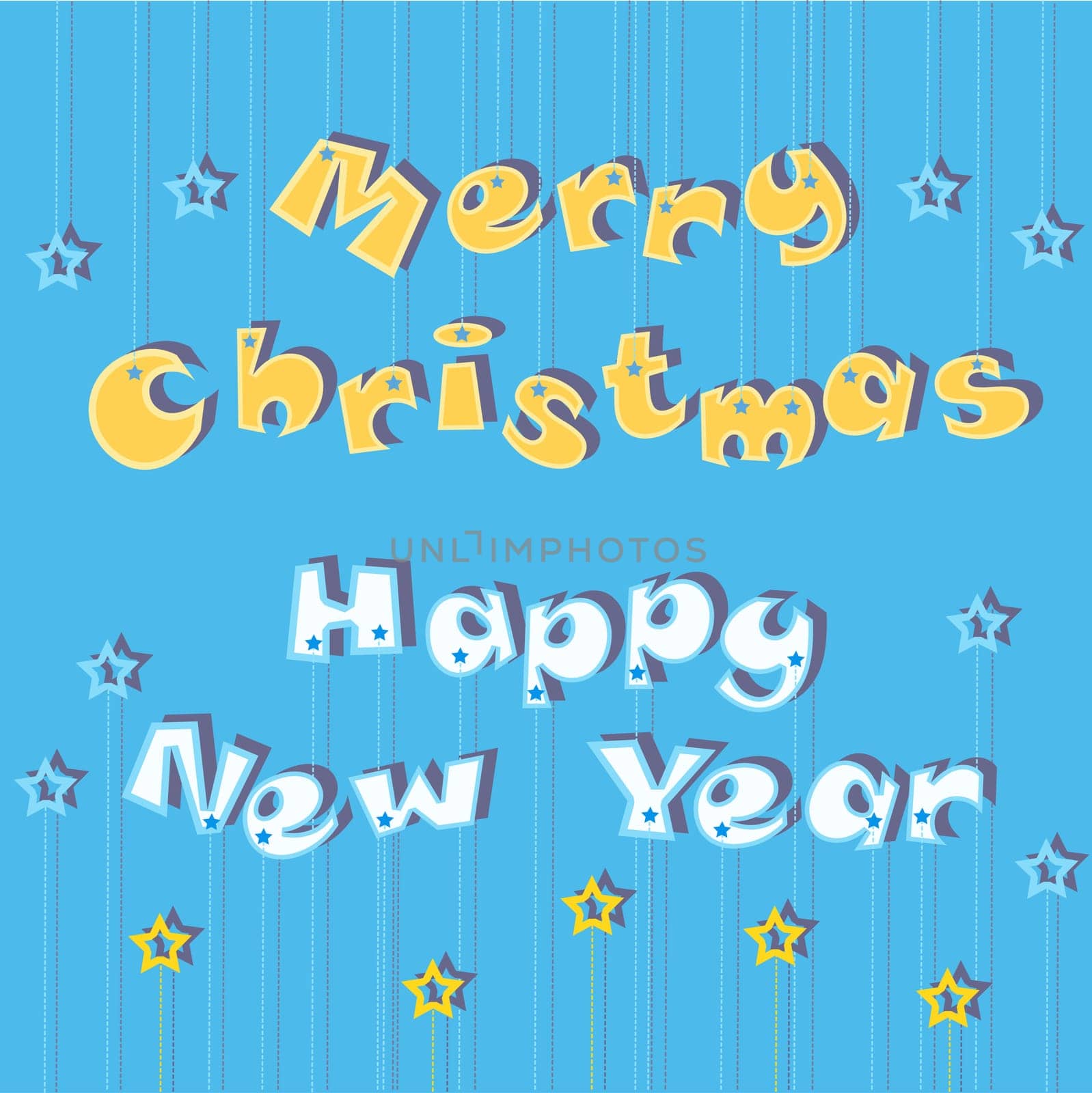 Merry Christmas Happy New Year. Artistic yellow and blue font. Festive greeting card. illustration.