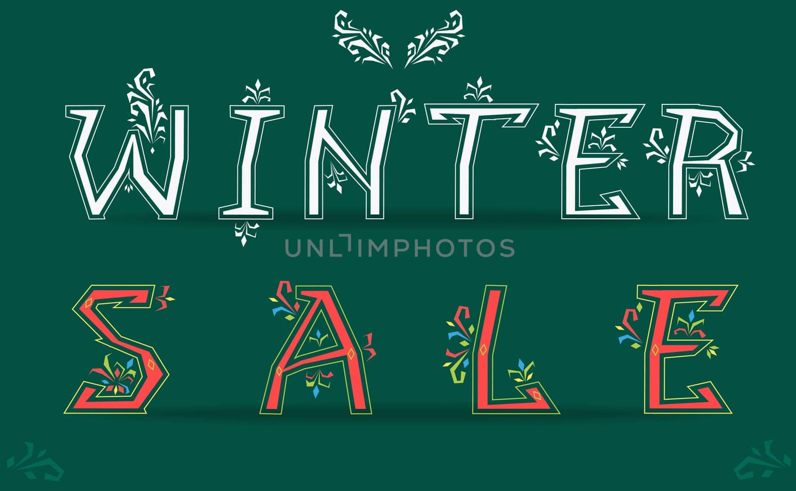 Winter Sale. Card for retail. White and red artistic font with floral delicate decor. illustration