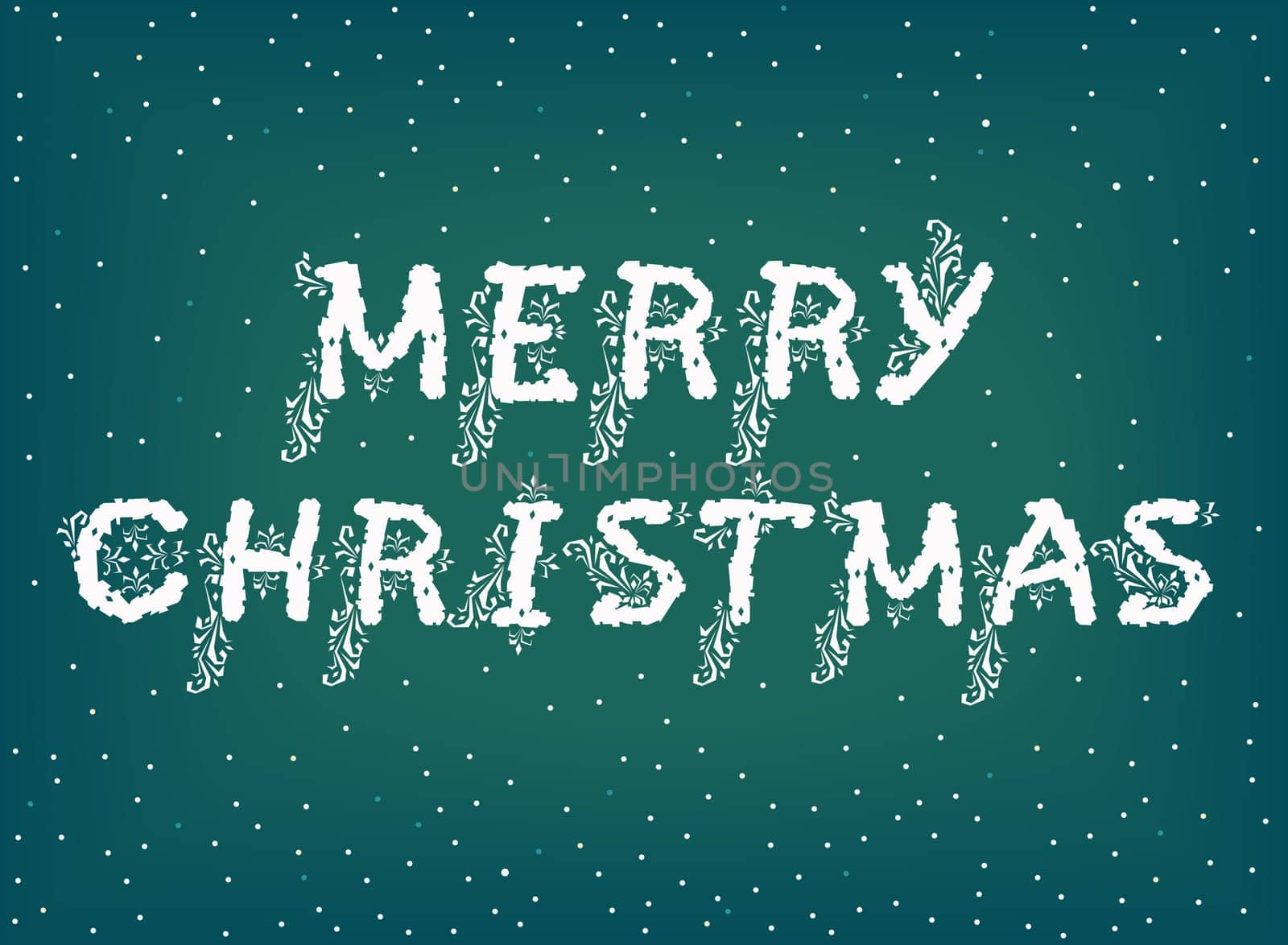Festive card with text Merry Christmas. Artistic white font with floral decor. Vintage style. Green background with snow. Illustration.