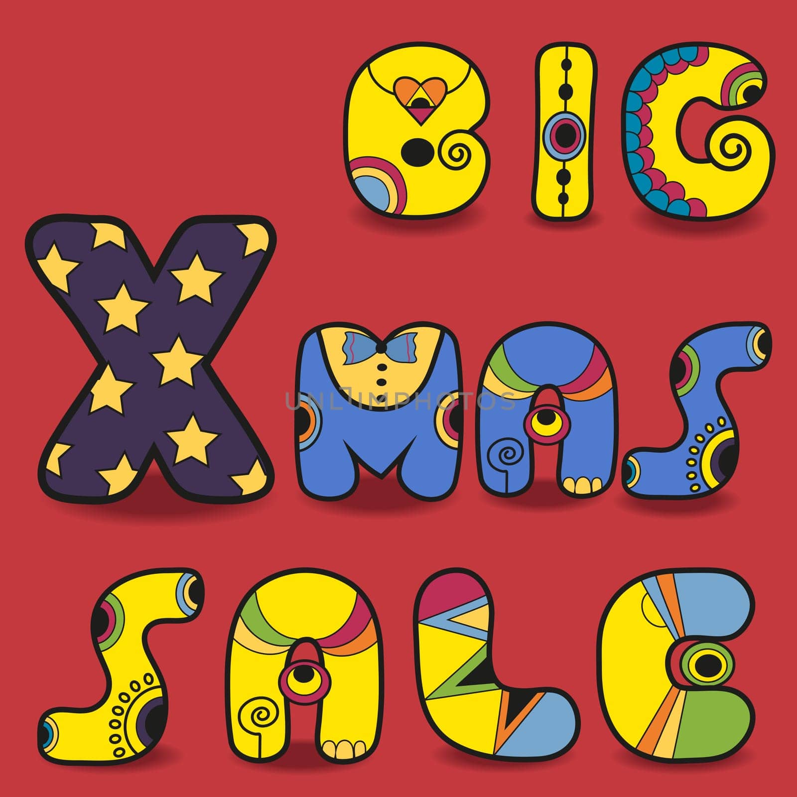 Insctription Big Xmas Sale. Funny letters. Hipster style. Colorful artistic font. Illustration.