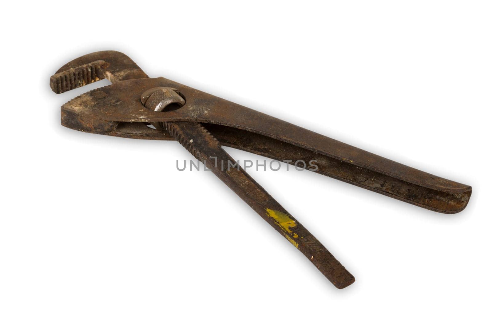 Old pipe pliers exposed on white background