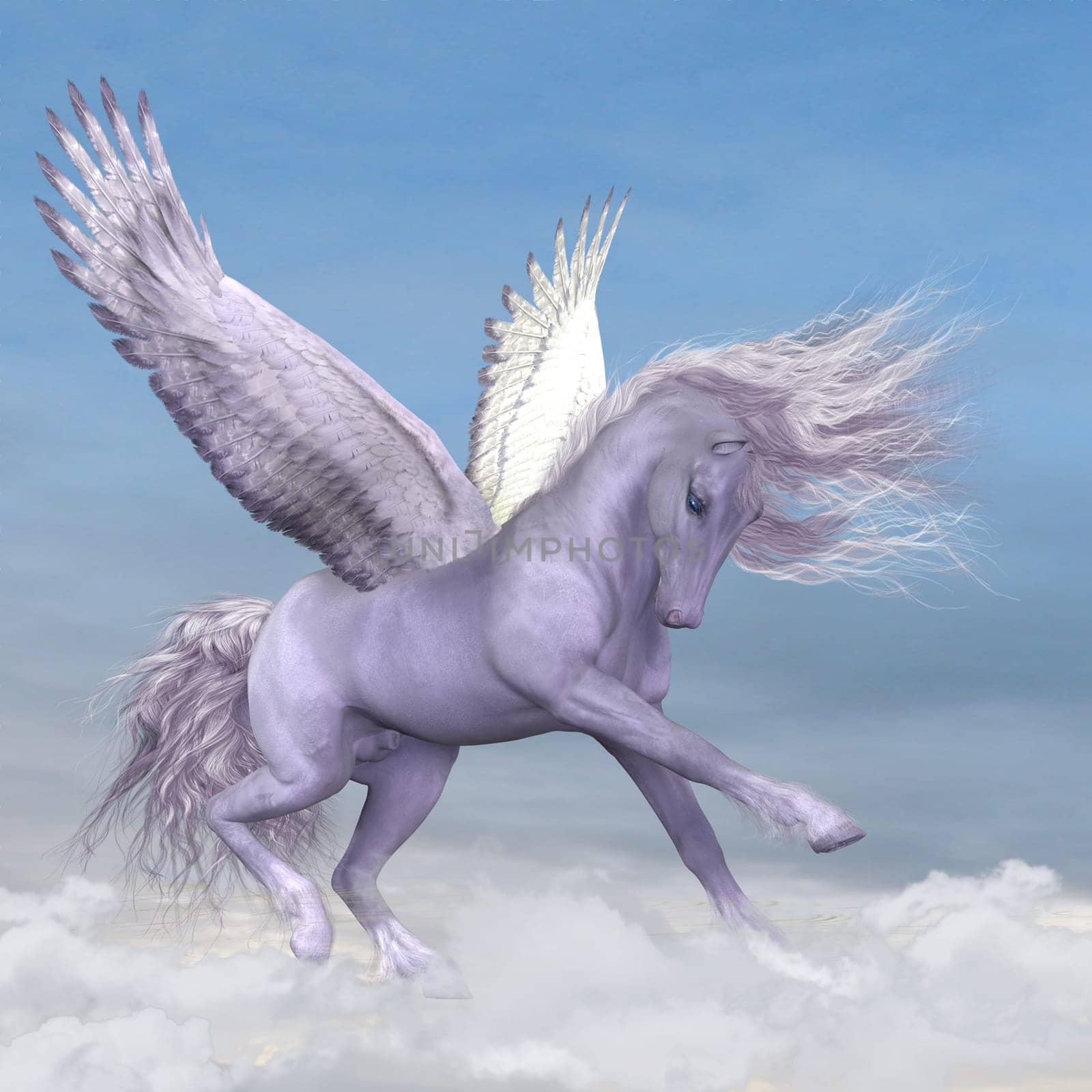 Silver white Pegasus plays and frolics among fluffy cumulus clouds.