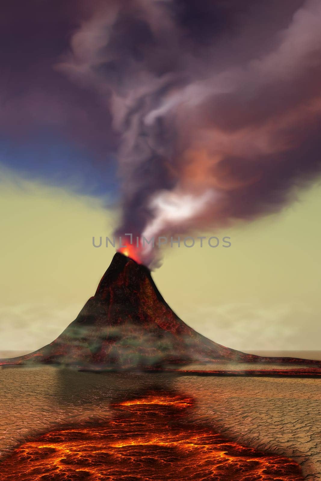 A newly formed volcano smokes with hot steam as hot lava flows around it.